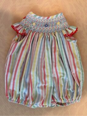 Delaney 3 Months Girl Bishop Collar Smocked Bubble Rainbow Spring Summer